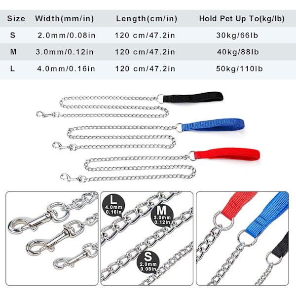Solid Metall Hundefører 120cm med Polstret Håndtak Klassisk Leie Hundefører med Komfortabel Nylon Håndtak for Vandring Gåtur med Hunden