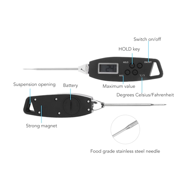Digitalt Mattermometer Nøyaktig Instant Lesing Termometer Kjøkkenverktøy for Grilling Matlaging Svart