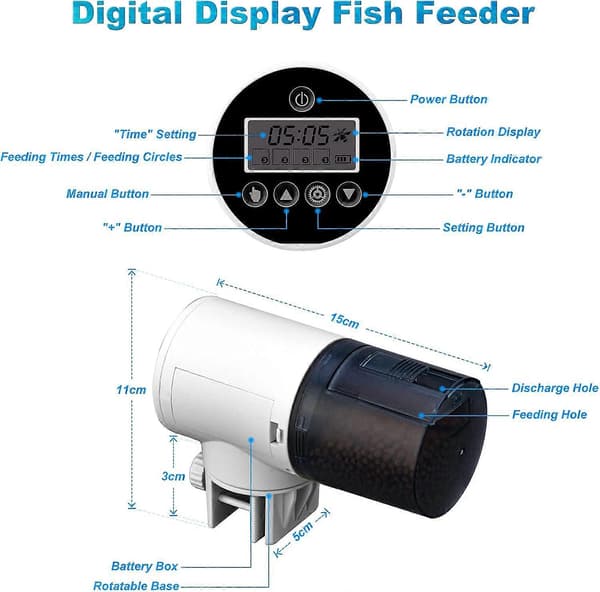 Automatisk fiskmatare med timer och LCD-display för akvarium, vit