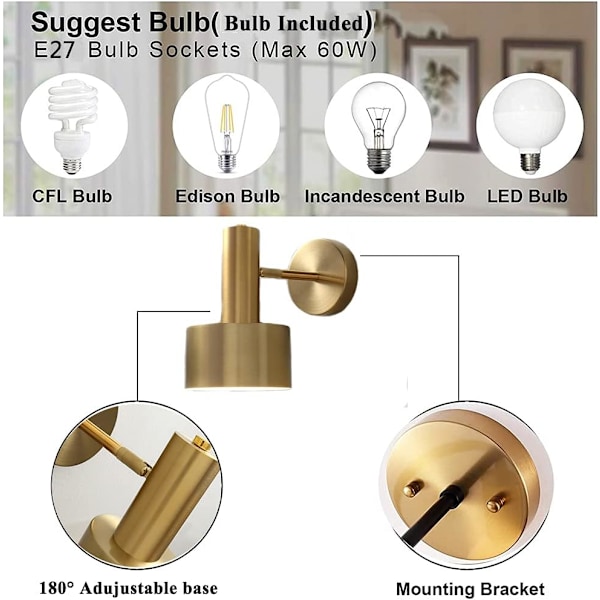 Trådlös liten vägglampa för badrums handfat, dimbar LED med fjärrkontroll, guld vägglampetter set om två för sovrum, vardagsrum, hallinredning