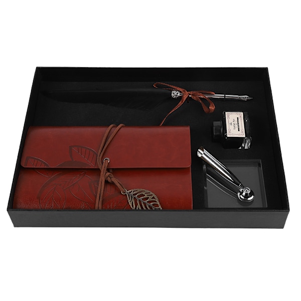 Retro Läder Anteckningsbok   Fountain Pen Fjäder Dip Pen Bläckflaska Set Brevpapper Presentask Svart