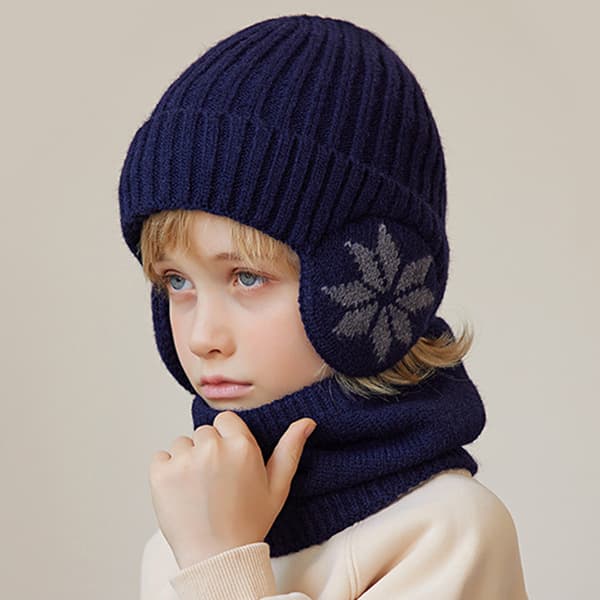 Vinterfleecehalsduksset för barn, Vintervindsäker och varm stickad mössa och halsduk för barn, Öronskyddande mössa navy blue