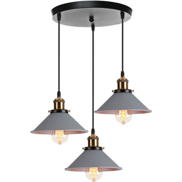 Hängande lampa i vintagestil, grå, 3 lampor, metall, för matsal, sovrum, vardagsrum
