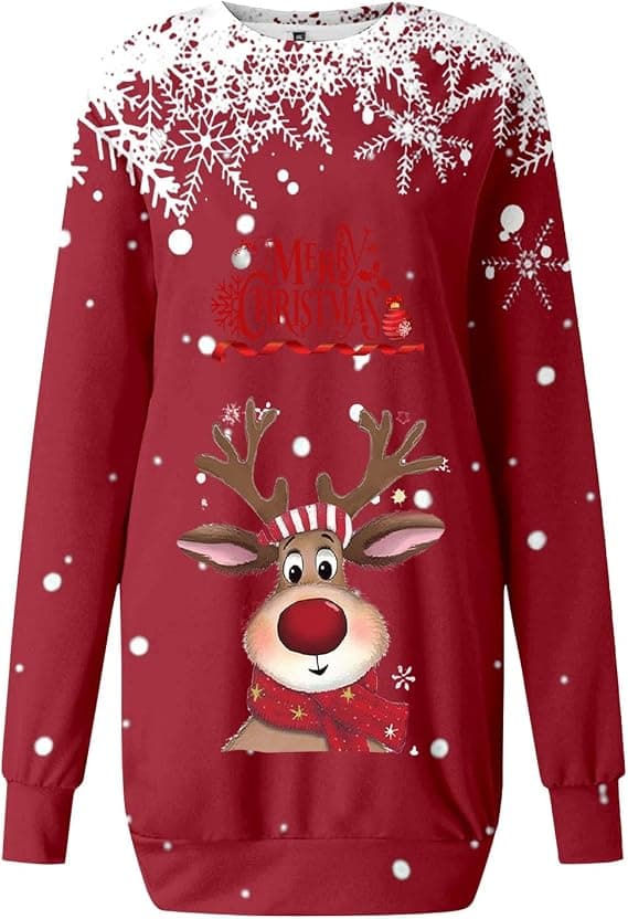 Jule-sweatshirtkjole med rund hals og lange ærmer til kvinder, 3D-digitalt print pullover - Rød - Størrelse 3XL Red 3XL