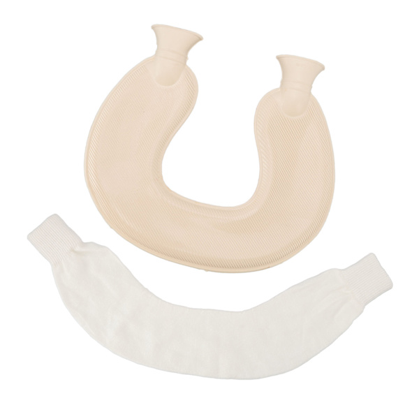 U-formet varmtvannsflaske med dobbel strikket isolasjon, gummi, varm vannflaske, beige trekk