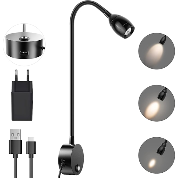 Tålig LED-läsvägglampa med metallkropp, Innovativ design justerbar färgtemperatur för sovrum, kontor, barnrum (360°, 38cm flexibel