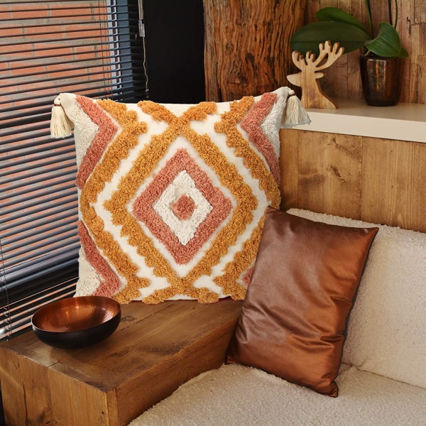 Orange kuddfodral 18x18, vävd tuftad boho-kudde