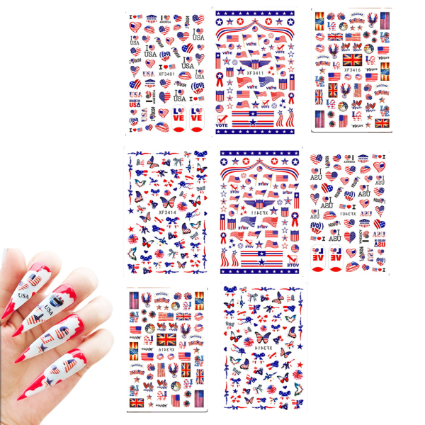 4 juli klistermärken Nail Art , Independence Day Patriotic Designer Nageldekaler 3D självhäftande akryl Nail Supply Nageldekal 8 ark