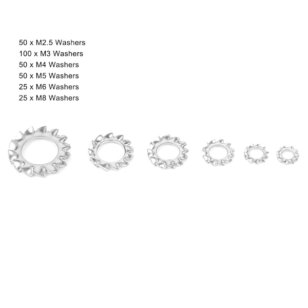 300 stk Ytre Tannsperre Stjerne Skive Rustfritt Stål Anti-Løs Pakning M2.5 M3 M4 M5 M6 M8
