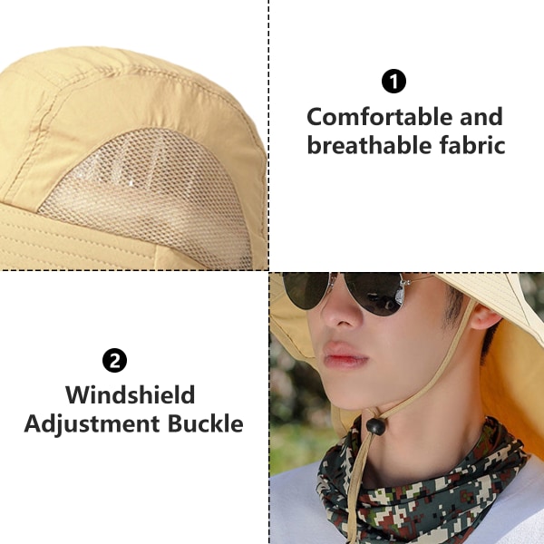 Solhatt for menn med UPF 50+ solbeskyttelse, bred brem, fiskehatt