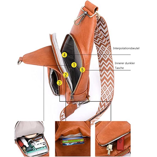 Slingväska för kvinnor Boho bröstväska, Crossbody-väska, bröstficka med bred rem för kvinnor, läder, liten axelväska med dragkedja och axelrem, för