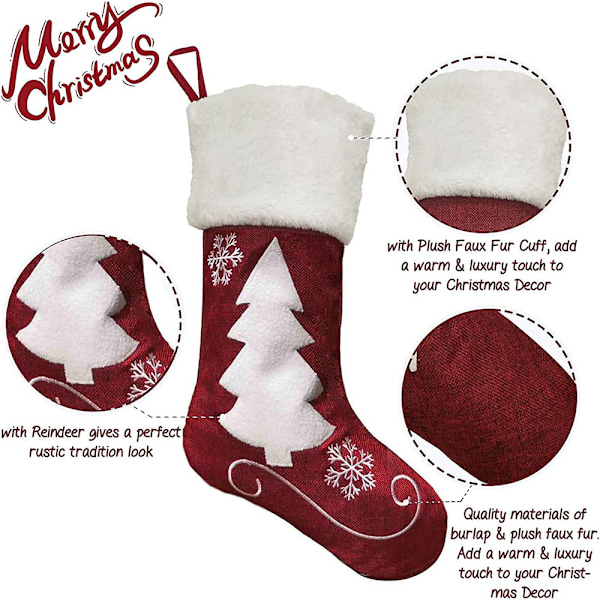 Elegant Julstrumpor Set, Tidlös Säckväv Buffalo Pläd Juldekorationer med Plysch Fuskpäls Manschett för Hängning vid Öppen Spis, 4 st