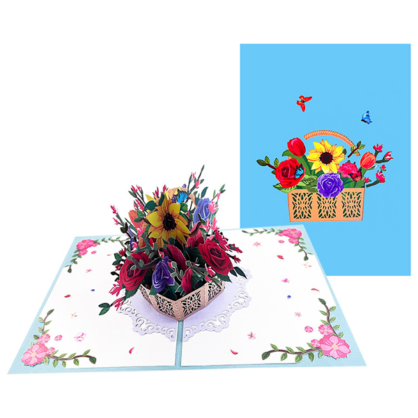 Hjärtvärmande Pop Up-gratulationskort, överraskningspresent till påsk och vår, elegant blomsterkorgsillustration, perfekt för mors dag och