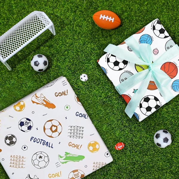 6 stk. fodbold indpakningspapir - fodboldsko * 2 + fodbold * 2 + stadion fodbold * 2