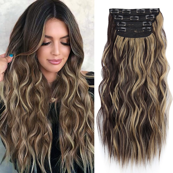 Clip-in extensions, 4 stk 55 cm full head hårforlengelser med klips syntetiske bølgete hårforlengelser clip-in hårstykke for kvinner