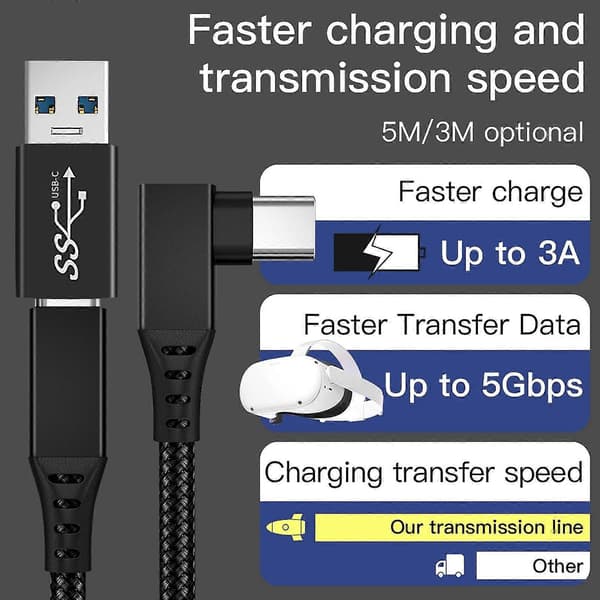 Datakabel för Laddning och Överföring för Oculus Quest 2 Link USB 3.1 Typ C USB-A till Typ-C Kabel