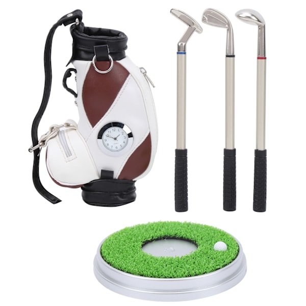 Skrivbordsset för golf med 3 kulspetspennor och miniväska i zinklegering, brun/vit