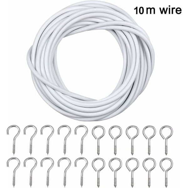 10m Vit Gardinkabel, Gardinlina Upphängningstråd, Gardinkablar med 20 Par Krokar och Öglor för Gardinstänger och
