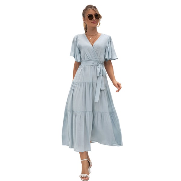 Formal Short Sleeve Cocktail Flowy V-Neck Gown（Light blue）