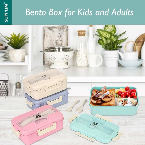 Bento-laatikko lapsille ja aikuisille, 3 osastoa, vehnäkuitu