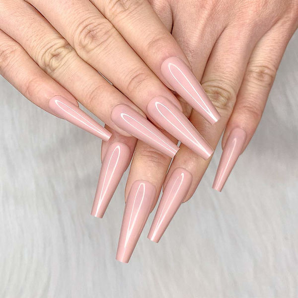 24 stk. Dyb Nude Ren Farve Ballerina Lang Kiste Glansende Falske Negle Tryk på Negle Falske Spidser Manicure til Kvinder og Piger