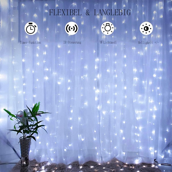 LED Gardinljusslinga, Kontroller & Timerfunktion, Väderbeständig och Bred Användning för Hem, Kontor och Utomhusdekor (Kallvitt, 3m x 3m)