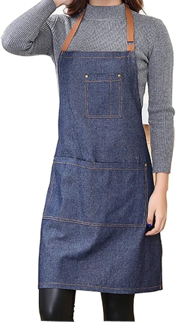 Säädettävä denim-keittiöesiliina taskulla ja 3 taskulla miehille