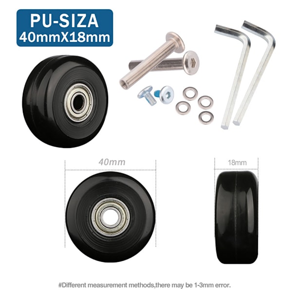 Sæt med 2 udskiftningshjul til kufferter med sorte aksler 40mm 18mm Universelt kufferthjul