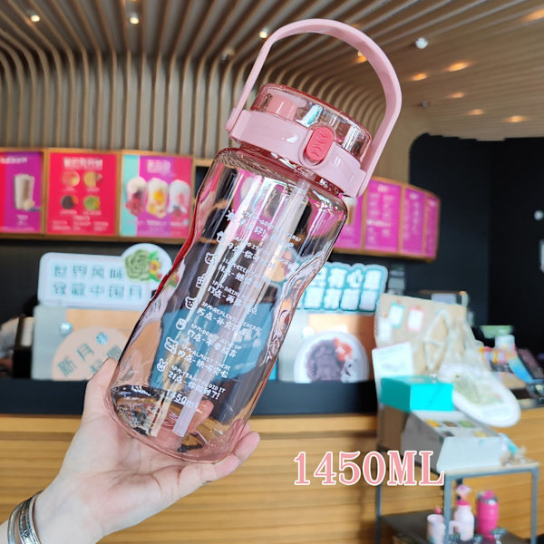 Vattenflaska för utomhussporter, plast, fitness, extra stor kapacitet, vattenkokare med dubbla sugrör, tidsmarkering, rosa 1450ML