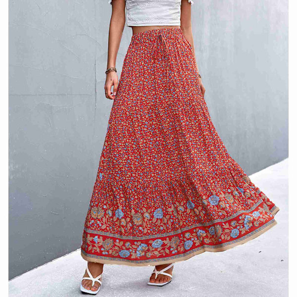 Rød XL Skjørt Høy Midje Blomstertrykk Elastisk Midje Swing Casual Maxi Skjørt for Kvinner