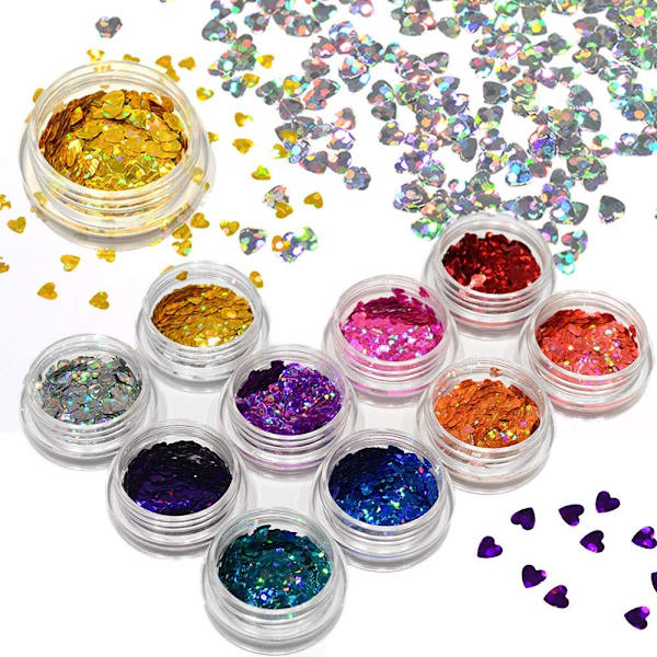 3D-form Lasermetall 12 lådor Nagelglitter Paljetter Nagelkonst Dekorationer Kromatisk Skönhet Holografisk Paillette Tips (Hjärta)