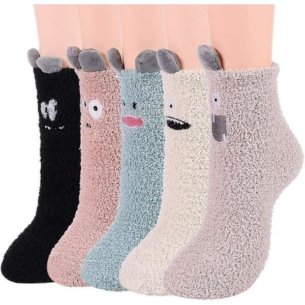 5-delars set med söta fluffiga djurstrumpor, varma fluffiga strumpor, dam