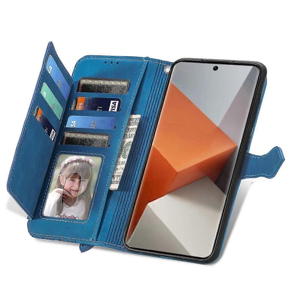 Plånboksfodral i läder med blixtlåsficka och blommotiv för Xiaomi Redmi Note 13 Pro+ 5G Blue