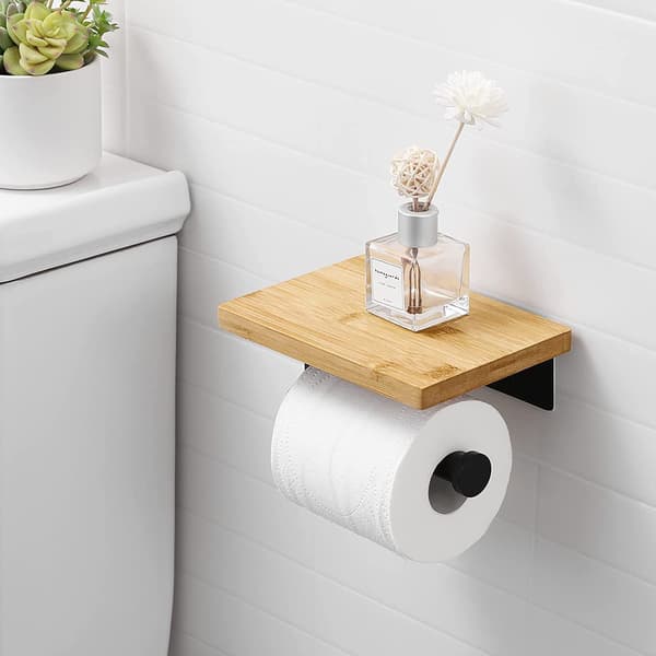 Toalettpapirholder med hylle Bambus Baderullholder Rustfritt