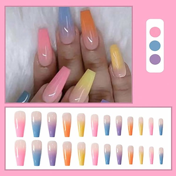 48 st Press on Nails Kista, Långa falska naglar Regnbågsgradientfärg Blank akryl Ballerina lösnaglar för kvinnor och flickor
