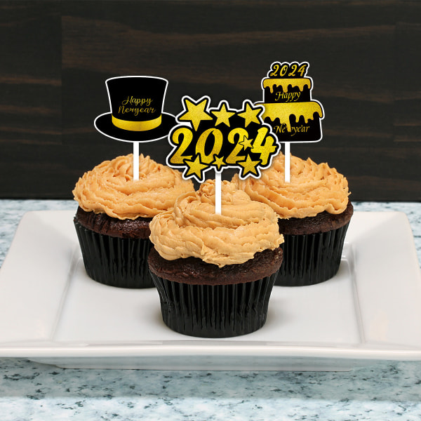 12 Styk Happy New Year Cupcake Toppers, 2024 Fest