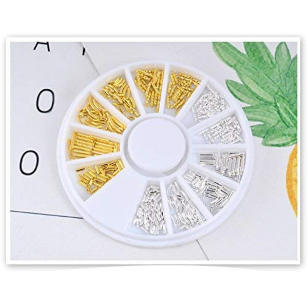 1 box blandat guld silver metall stavar Nail Art dekorationer 3D dubbar Nail Art Rhinestones 12 Typ In Wheel Rak Kurv Design Charm Nails Art DIY