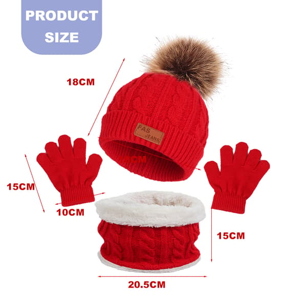 1 sæt børns vinter tredelte hat, halstørklæde, handsker, tredelt efterår og vinter enkelt kugle babyhat