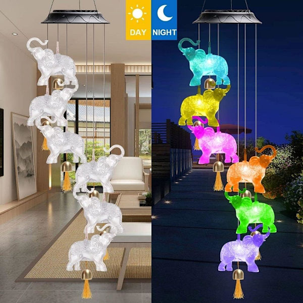 Elefantti-tuulisoittimet ulkokäyttöön, aurinkovoimalla toimivat, väriä vaihtavat