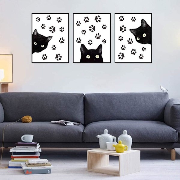 Set med 3 djur katt väggkonsttryck, rolig affisch med svart katt a