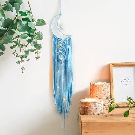 Blå Måne Drömfångare med Ljus, Rumsinredning, Boho Inredning, Vägg