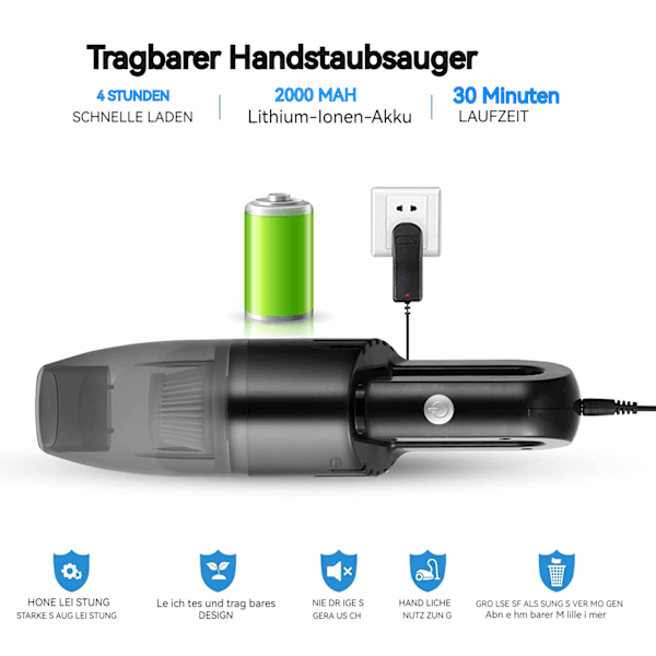 Bil dammsugare Bilbatteri handhållen dammsugare, 6000 Pa sladdlös bildammsugare, batteridammsugare med 2000 mAh batterier, våt torr