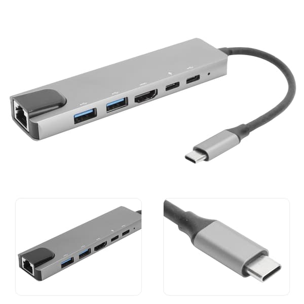 6 i 1 Type-C Dockingstasjon Type-C til PD/HDMI/RJ45/USB3.0 Kabeladapter Konverter