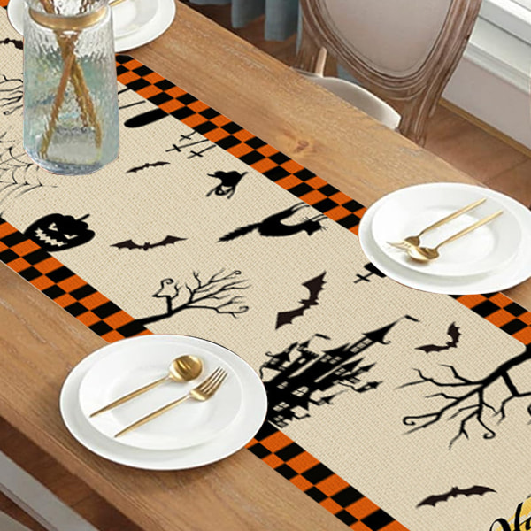 Orange Black Buffalo Plaid Fall Table Runner, Halloween Kitchen