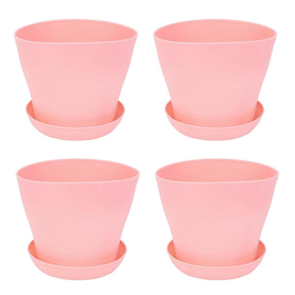 4x Plast Planteblomstpotte med Skål Rund Blank Hjem Hagedekor, Rosa Upper Cali
