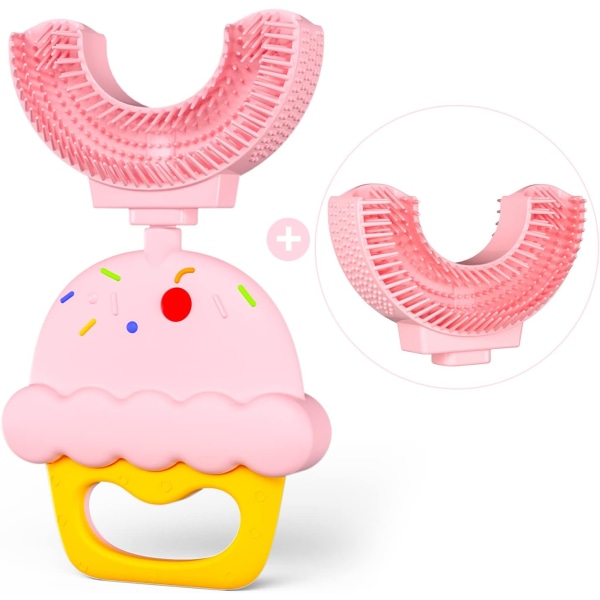 U-formad tandborste för barn, premium mjuk silikontandborsthuvud, 360° oral tandrengöring, toddler 2-6 år, rosa
