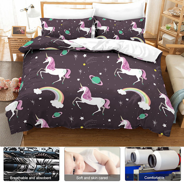 Sengesett med dynetrekk og putevar, 3 deler, 100 % polyester, trykt med enhjørning (Queen)