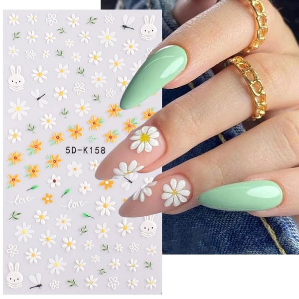 Blommig Nail Art Decal 5D Relief Nail Decal Spring Daisies Nail Art Design Självhäftande Nail Decal Feminin nageldekoration