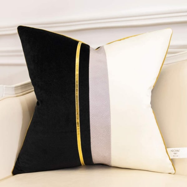 Navy Blue White Gold Leather Striped Patchwork Velvet Cushion