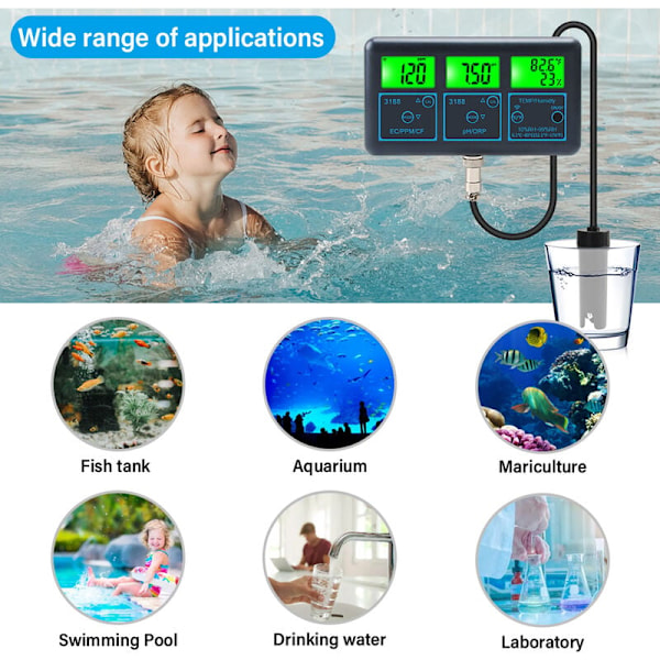 7-i-1 Multi-Parameter Vannkvalitetsmonitor for Akvarier Hydroponics, Sanntids Ph, Orp, Ec, Ppm, Cf, Luftfuktighet og Temperaturanalyse Via App